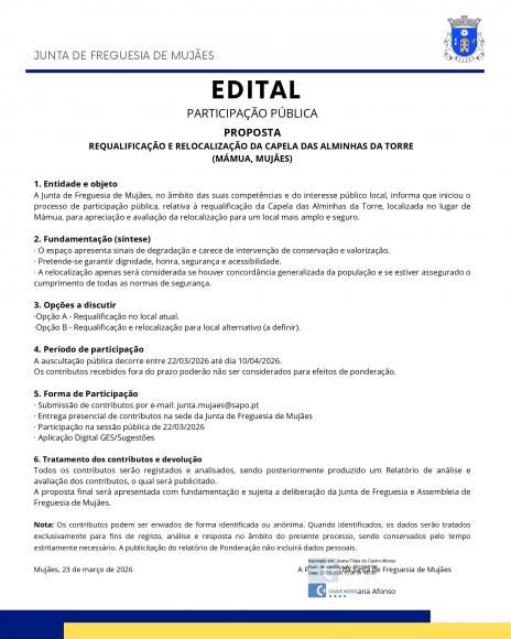 PROPOSTA REQUALIFICA&Ccedil;&Atilde;O E RELOCALIZA&Ccedil;&Atilde;O DA CAPELA DAS ALMINHAS DA TORRE (M&Aacute;MUA, MUJ&Atilde;ES)